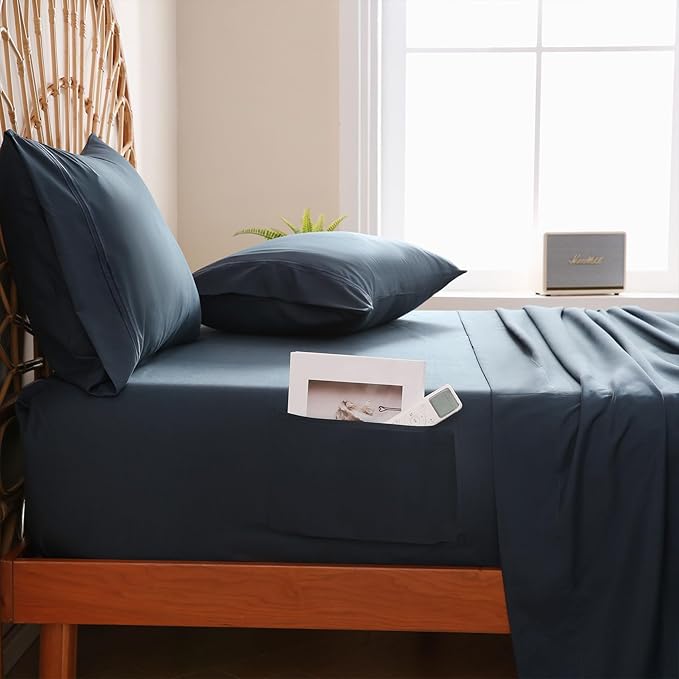 JSD Navy Blue King Sheet Set with Side Pocket Corner Straps, 4 Piece Soft Microfiber Bed Sheets Extra Deep Pocket