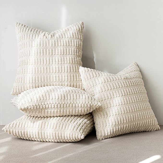MIULEE Pack of 4 Cream White Corduroy Decorative Throw Pillow Covers 20x20 Inch Soft Boho Striped Pillow Covers Modern Farmhouse Home Decor for Sofa Living Room Couch Bed