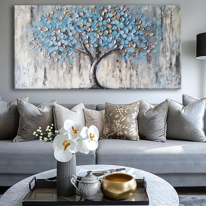 Tree of Life Canvas Wall Art - Abstract Light Blue Artwork for Living Room Bedroom Decor, Modern Framed Tree Painting Ready to Hang, Contemporary Home Wall Decoration 180x90cm (71x36in)