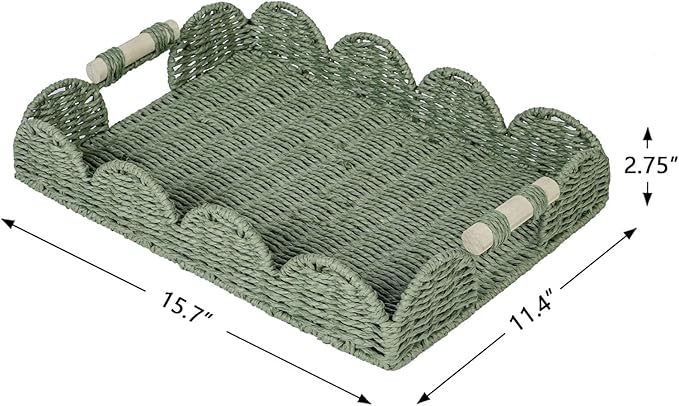 CubesLand Rectangular Scalloped Decorative Centerpiece Tray for Coffee Table, Home Decor, Living Room - Green Tray w/Wooden Handle – Warm and Elegant for Holidays, Housewarmings - Candle Plate Holder