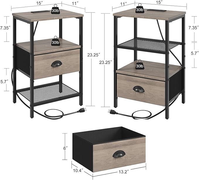 Nightstands Set of 2, Night Stands with Charging Station and Fabric Drawer, Grey Bedside Tables with Drawers, 2- Tier Side Table with Storage, Nightstands with Charging Station,Grey