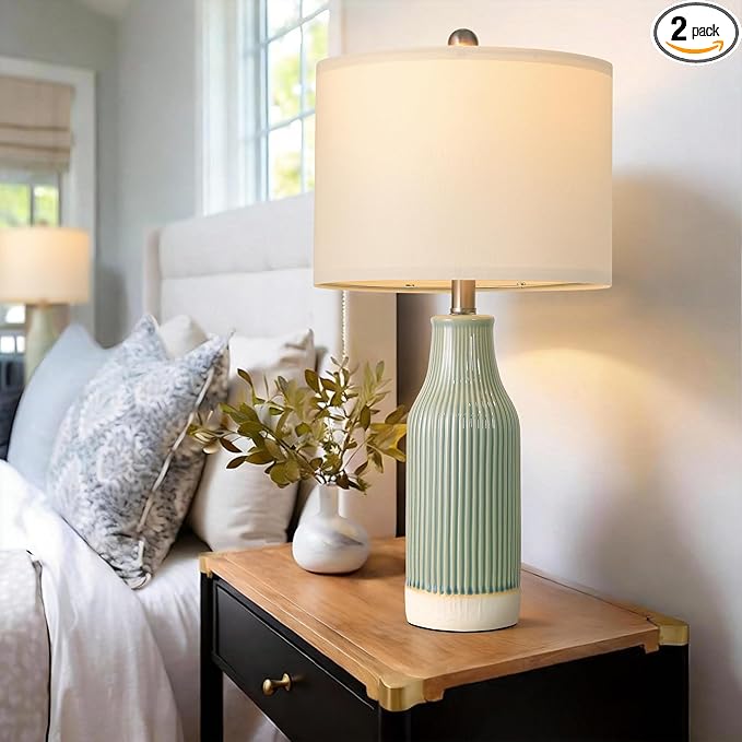 23.75" Modern Green Ceramic Table Lamp Set of 2 for Living Room, Farmhouse Bedside Nightstand Lamp for Bedroom Home Office Dorm