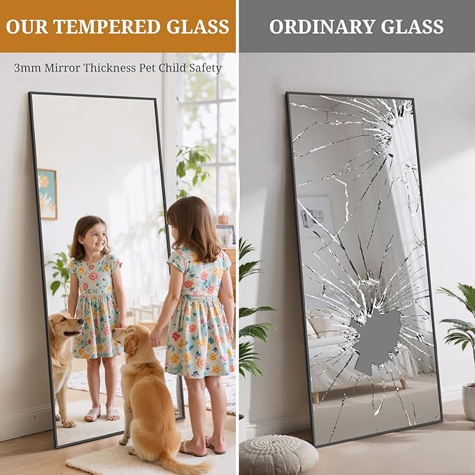 Full Length Mirror 68"x26" Full Body Mirror Rectangle Free Standing Wall Mounted Leaning Floor Mirrors with Stand Aluminum Alloy Frame for Bedroom Cloakroom, Black