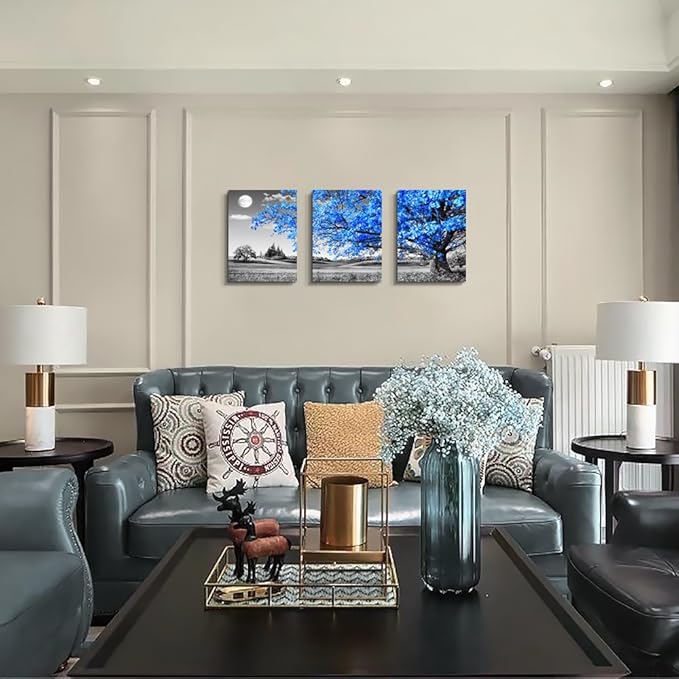 Wall Art For Living Room black and white Blue tree moon Canvas Wall Decor for Home artwork huge Painting 16" x 24" 3 Pieces Canvas Print For bedroom Decor Modern Salon kitchen office Hang a picture
