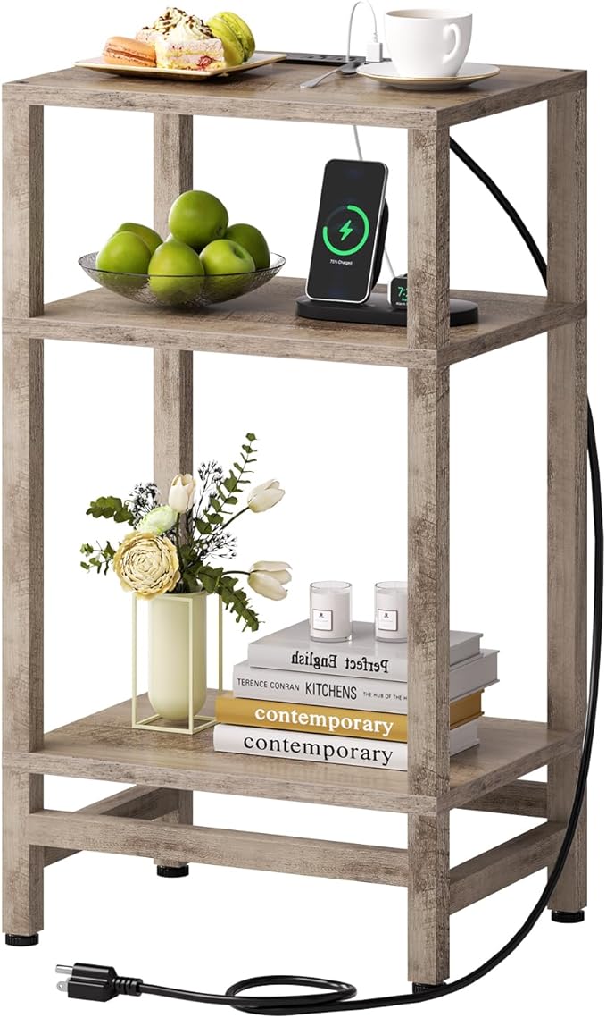 3 Tier Tall Side Table with Fast Charging Station, Narrow End Table for Small Space, Skinny Nightstand with Type C and USB Port, End Tables for Living Room, Bedroom, Office, Greige