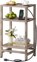 3 Tier Tall Side Table with Fast Charging Station, Narrow End Table for Small Space, Skinny Nightstand with Type C and USB Port, End Tables for Living Room, Bedroom, Office, Greige