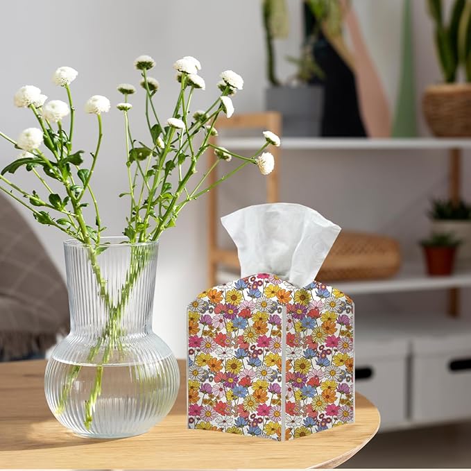 Tissue Box Cover, Tissue Box Holder, Square with Belt Bottom, PU Leather Decorative Organizer for Desk, Tabletop, Countertop Bathroom, Toilet Car, Office, Dresser Bedside, Aesthetic Flower Decor