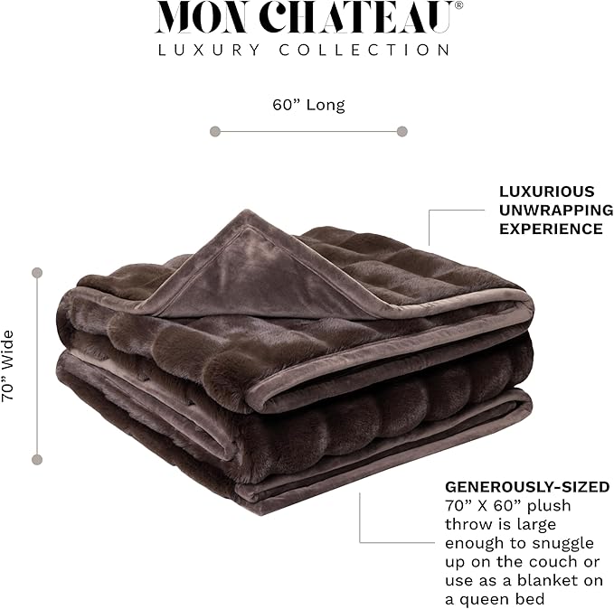 Mon Chateau 60" x 70" Hearthside Faux Fur Throw Blanket, Reversible Soft Blanket for Queen-Size Bed, Couch, or Sofa, Cozy Home Decor and Stylish Living Room Comfort, Winter Cream (Chestnut Square)