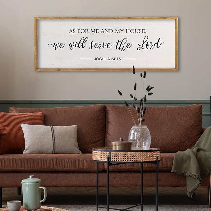 comurdyo Christian Wall Art As For Me And My House We Will Serve The Lord Joshua 24:15 Bible Verse Sign 32×12 Inch Scripture Plaque for Bedroom Above Bed Large Wood Framed Wall Decor (Wood)