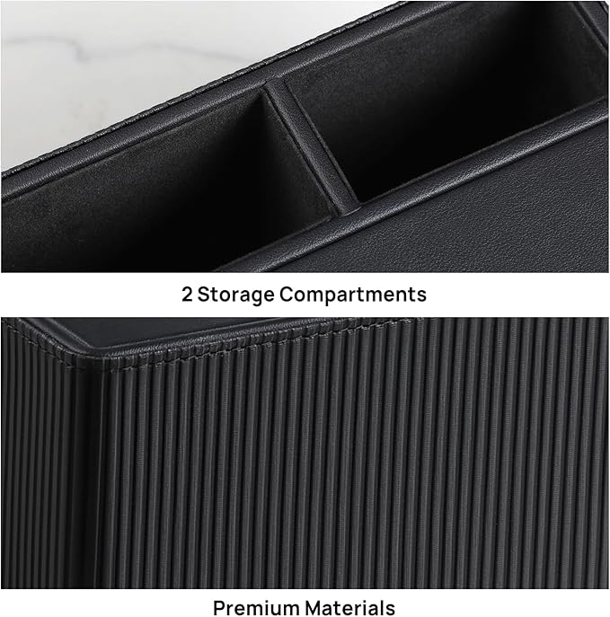 Tissue Box Cover Rectangle with 2 Compartments Remote Holder, PU Leather Tissue Box Holder Rectangle for Livingroom NightStand, Tissue Holder for 120(3-Ply)/160(2-Ply) Tissue Box (Black)