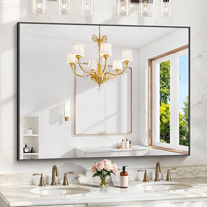 KOCUUY Black Mirror, 48"x36" Rectangle Bathroom Mirror for Over Sink, HD Tempered Glass, Anti-Rust Frame, Modern Design for Bathroom, Bedroom, Living Room, Entryway, Hang Horizontal/Vertical