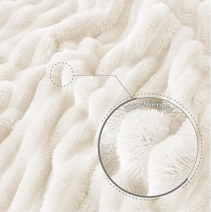 Exclusivo Mezcla California King Size Flannel Fleece Blanket, Super Soft Striped Jacquard Bed Oversized Blanket, Lightweight Fuzzy Cozy for All Seasons, 120x120 Inches, Ivory