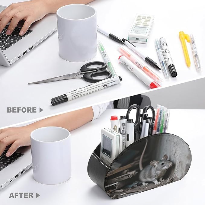 Mouse Hiding in The Corner Remote Control Holder Organizer Box with 5 Compartment PU Leather Bedside Storage Caddy Remote Organizer for Controller Media Player Pen/Pencil Storage