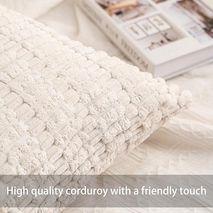 Aegero Corduroy Decorative Throw Pillow Covers 14x36 Inch Soft Striped Pillow Covers Modern Farmhouse Home Decor for Sofa Living Room Couch Bed（Cream White）