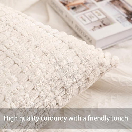Aegero Pack of 2 Corduroy Decorative Throw Pillow Covers 24x24 InchSoft Striped Pillow Covers Modern Farmhouse Home Decor for Sofa Living Room Couch Bed（White）