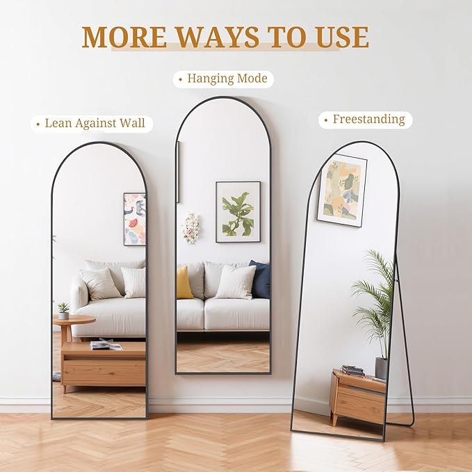 Full Length Mirror 58"x19" Full Body Mirror Arched Free Standing Wall Mounted Leaning Floor Mirrors with Stand Aluminum Alloy Frame for Bedroom Cloakroom, Black