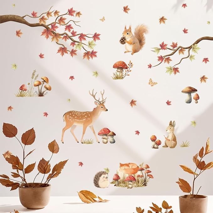 HLNIUC Autumn Forest Animal Double Sided Wall Decal(35”x24”) Cute Deer Rabbit Squirrel Cartoon Wall Sticker,Fall Maple Leaf Forest Theme Art Decal,Fall Jungle Animals for Kids Room Nursery