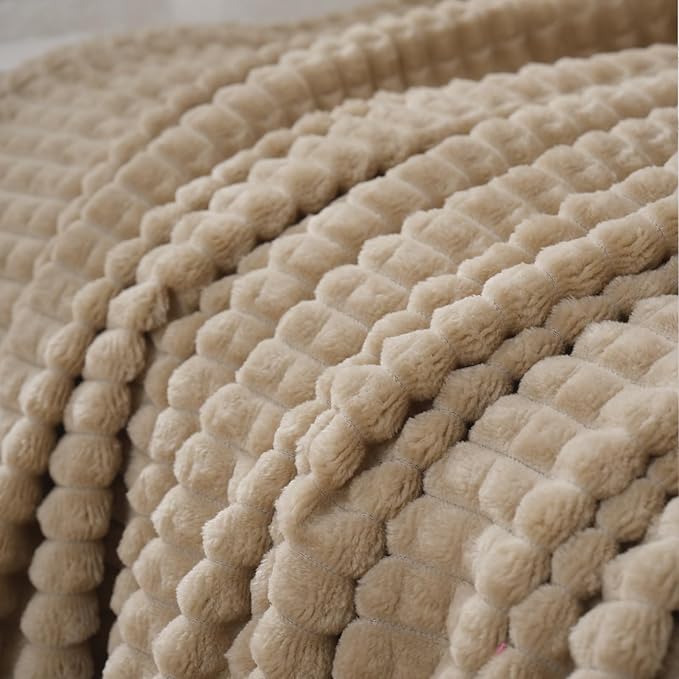 Khaki White Throw Blanket 50"×70" Decorations Fleece Super Soft Plush Fuzzy Cozy Blanket with Square 3D Jacquard Grid Design Luxury Lightweight for Couch Sofa Chair