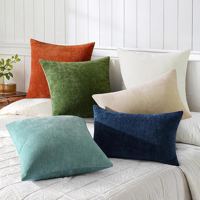 decorUhome Chenille Beige Throw Pillow Covers 16x16 Inch Set of 2, Decorative Soft Couch Pillow Covers Solid Dyed Accent Farmhouse Neutral Square Pillow Cases for Sofa