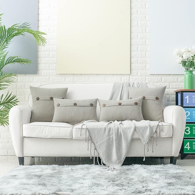 HWY 50 Light Grey Gray Chenille Throw Pillow Covers 22x22 Inch with Triple Buttons, Soft Farmhouse Accent Decorative Cushion Cases for Couch Sofa Bed Living Room Pack of 2