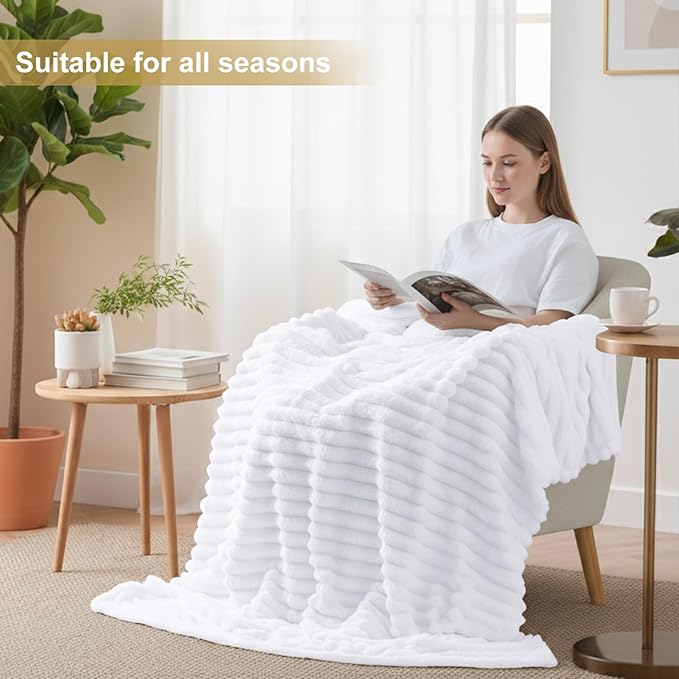 decorUhome Soft Fleece White Throw Blanket for Couch, Cozy Fluffy Plush Flannel Striped Blanket for Sofa Bed, Lightweight Decorative Ribbed Fuzzy Blanket for Woman, 50x60 Inches