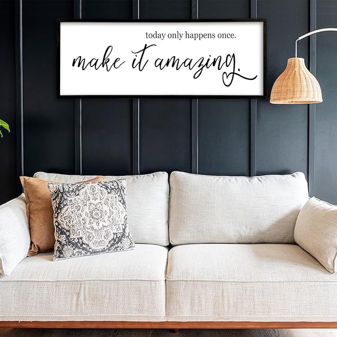 flowtorely Motivational Wall Decor Today Only Happens Once Make It Amazing Sign 32"X12" Inspirational Quote Positive Plaque Large Vintage Wood Frame for Office Encouragement Wall Hanging Art (Black)