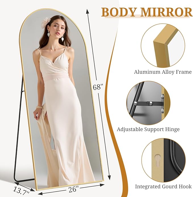 Full Length Mirror 68"x26" Full Body Mirror Arched Free Standing Wall Mounted Leaning Floor Mirrors with Stand Aluminum Alloy Frame for Bedroom Cloakroom, Gold