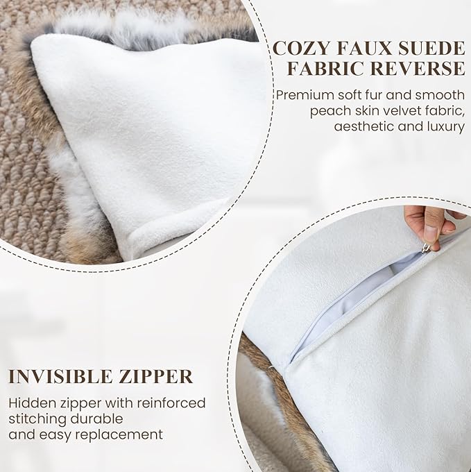 MOOX Rabbit Fur Throw Pillow Covers Decorative Fluffy Soft Fuzzy Plush Luxury Genuine Animal Skin Lumbar Pillow 18"x18" Cushion Cover, Couch-Yellow White