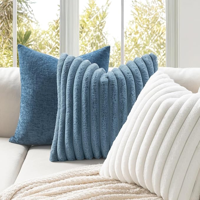 MIULEE Faux Fur Decorative Throw Pillow Covers 18x18 Inch Set of 2, Coastal Modern Art Spring Home Decor Soft Plush Couch Pillows Cozy Fluffy Cushion Covers for Sofa Bed Grey Blue