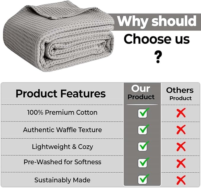 100% Cotton Blankets for Bed - Waffle Weave Blankets for Summer, Lightweight and Breathable Soft Woven Blanket for Spring (Light Grey, Queen (90" x 90"))
