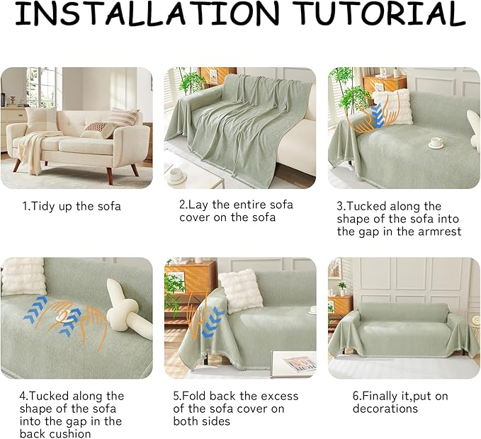 HANDONTIME Sage Green Sofa Cover, Soft Chenille Couch Slipcover with Tassels, Washable Sofa Protector for Pets & Kids, Pet Couch Cover Fit 3 Cushion Couch, Loveseat Cover Breathable Durable, 91"x134"