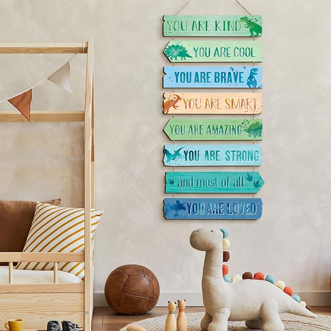 Inspirational Girl Room Decor Aesthetic Art Wall Hanging Sign Inspiring Colorful Rainbow Wooden Decoration for Kids Teens Toddler Boy Baby Bedroom Nursery Dorm Decor, 6-12 Years old (Dinosaur)