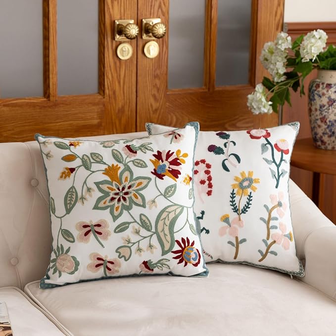 YIcabinet Pack of 2 Throw Pillow Covers,Plants Embroidered Pillow Case Soft Decorative Pillowcases for Home Sofa Couch 18x18 Inch