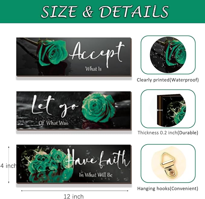 3 Pcs Green Wall Decor Inspirational Bathroom Decor Wooden Rose Wall Art Office Decoration With Accept Let Go Have Faith Quotes For Girl Women Bedroom Kitchen(Green 12 X 4 Inch)