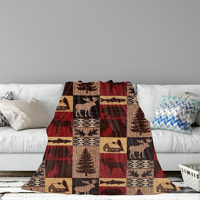 Bear Rustic Cabin Moose Blanket Soft Flannel Farmhouse Throw Blanket Gifts for Adults Cozy Blanket for Red Black Check Farmhouse Art All Season Couch Bed Sofa Home Decor, 60"x80"