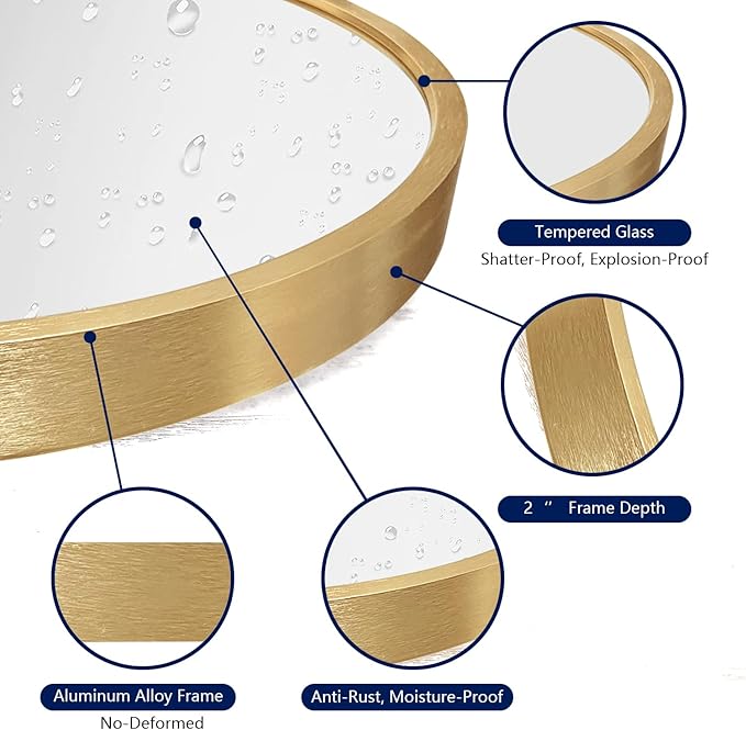Wall Mirror Arched Bathroom Mirrors, Aluminum Alloy Frame Hanging Vanity Mirror for Living Room Bedroom Entryway Vanity, Brushed Metal Framed Wall Mounted Mirror Gold 16"x12"