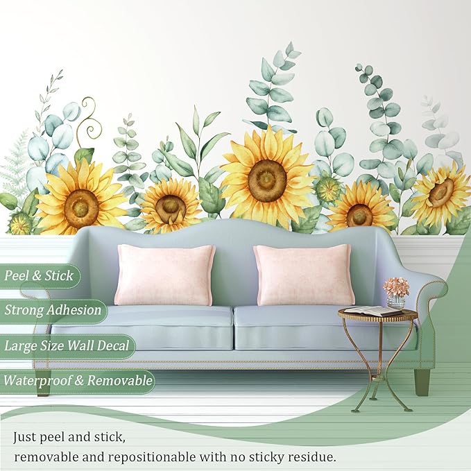 Sunflowers Floral Wall Decals Peel and Stick, Large Floral Flowers Wall Stickers, Removable Vine Home Decor Art for Bedroom Living Room Classroom Office