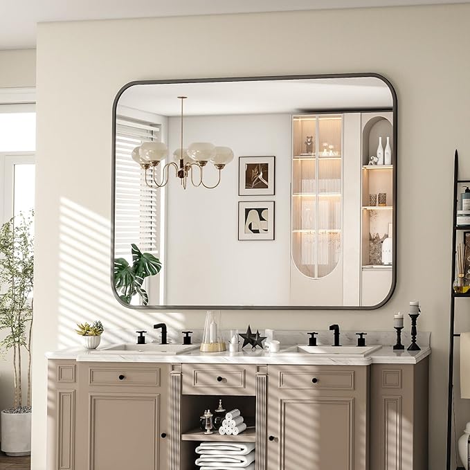 30×40 Inch Bathroom Mirror - Wall Mounted Vanity Mirror with Round Corner Aluminum Alloy Frame, Hanging Horizontally Vertically for Living Room, Bedroom, Hallway as Home Decor, Black