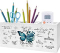 Just Breathe Inspirational Pen Pencil Holder, Therapy Office Decor, Teal Butterfly Flower Mental Health Pencil Pen Holder Organizer for Home Counseling Office Desk Accessories