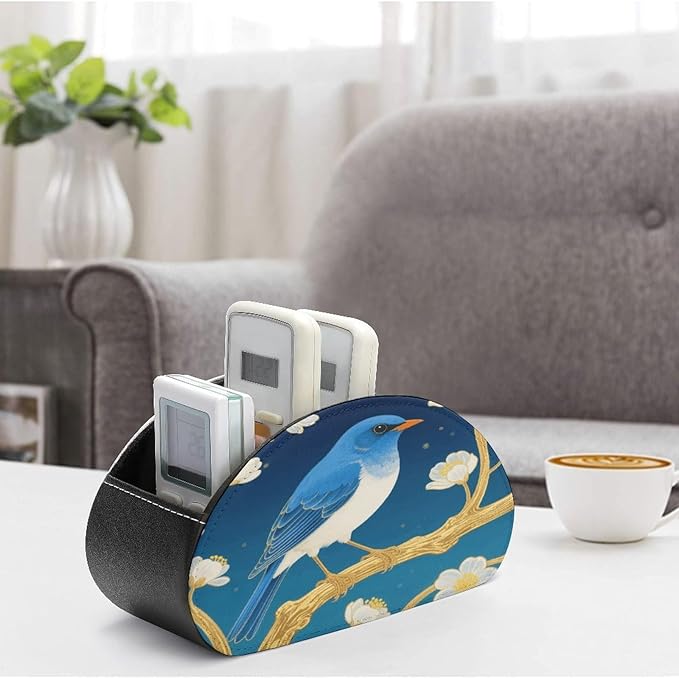 Blue Bird Flower Remote Control Holder Organizer Box with 5 Compartment PU Leather Bedside Storage Caddy Remote Organizer for Controller Media Player Pen/Pencil Storage