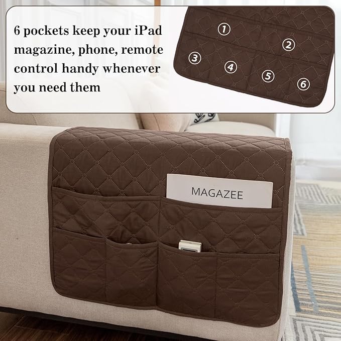 Bedside Caddy for Couch Remote Control Holder Recliner Armrest Organizer Non Slip Sofa Armchair Caddy with 6 Pocket Storage for Magazine, Tablet, Phone, iPad, Coffee