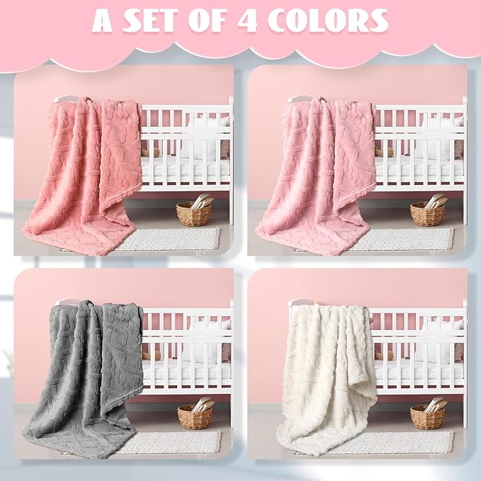 VitalCozy 4 Pcs Soft Fleece Baby Blankets Set 30" x 40" 3D Plush Warm Nursery Swaddling Bed Blanket Little Boys Girls Infant Toddlers and Newborn Receiving Gifts Blankets(Pink Set)