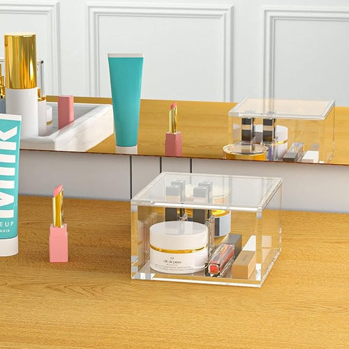 AITEE Decorative Acrylic Box with Lid, Clear Cube Display Case, Multi-Purpose Box Square Container for Holding Staples, Highlighters, Adhesive Tape, Paper Clips, Stamps, Display in Home (Large)