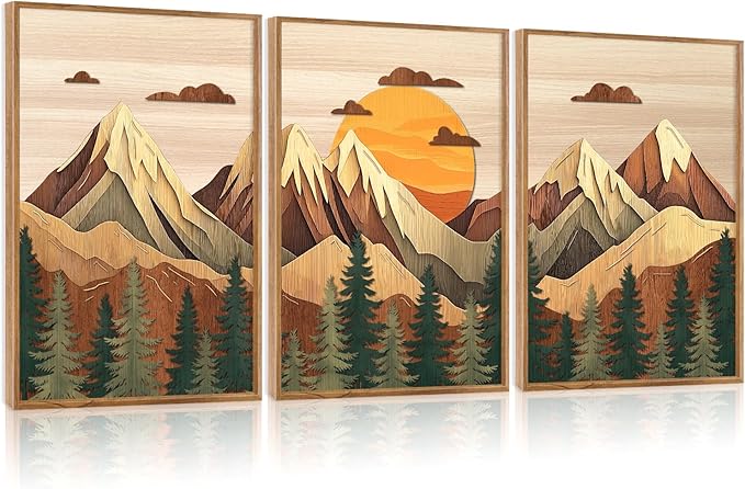 CHDITB Mountain Landscape Framed Wall Art Set, Neutral forest Wall Decor, Nature Pine Tree Sunset Wall Painting, Large Vintage Wood Mountain Art Prints For Living Room Bedroom Office Decor 12”X16”x3