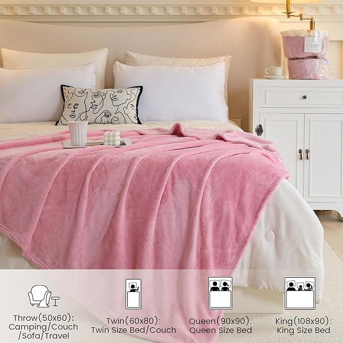 Twin Fleece Blankets for Women, Silky Flannel Fuzzy Blanket for All Season, Cozy Lightweight Blanket for Couch, Bed, Sofa, 60" x 80", Pink, Twin