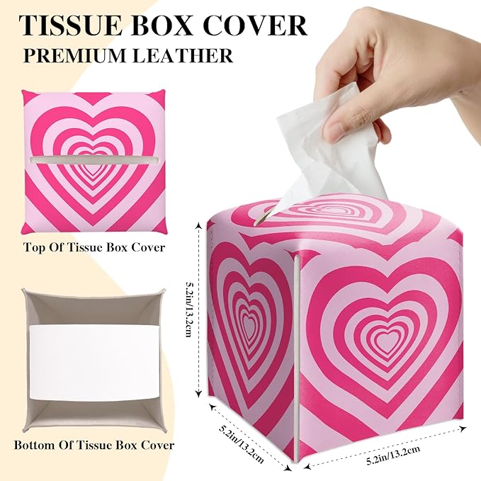 Pink Heart Tissue Box Cover, Cute Tissue Holder Square with Bottom Belt for Home Bathroom Office Vanity Countertop, Valentine's Day Gifts Ideas for Women Friends Mom Bestie -15
