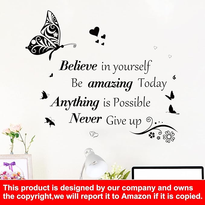Inspirational Wall Stickers Quotes Letter Wall Art Stickers Motivational Removable Wall Decor Positive Word Butterfly decals Peel and Stick for Bedroom Living Room Hallways Family Office Classroom