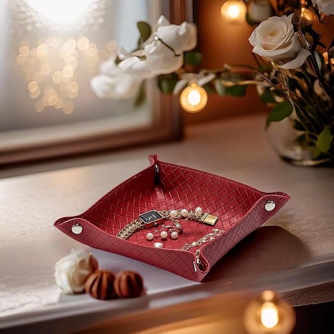 UnionBasic Small Valet Tray, Jewelry Tray for Rings Watches Earrings, Entryway Catchall Caddy for Coins Keys Change, Nightstand Bedside Valet Holder, Trays for Electronic Gadgets, Woven Red