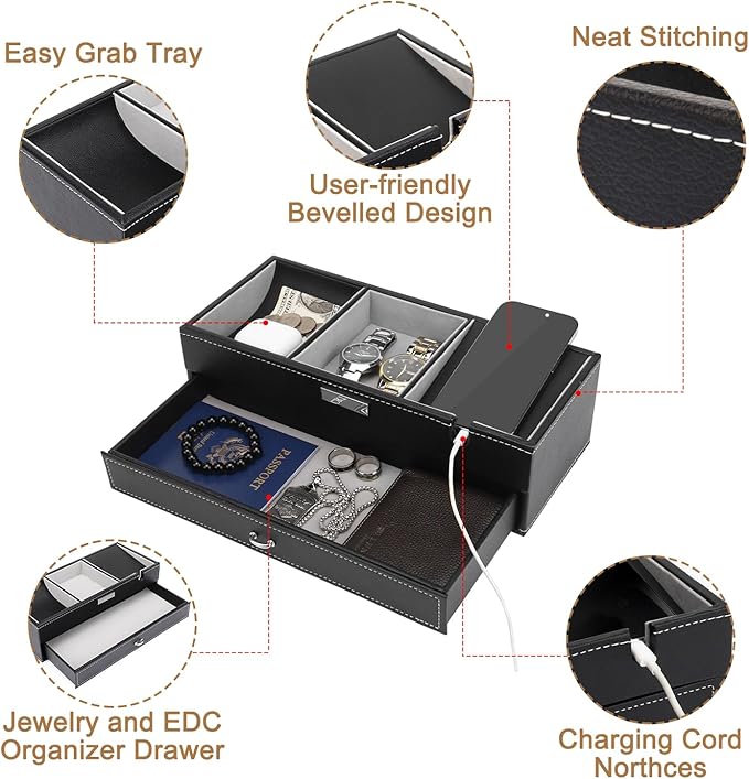 Baoyun Mens Valet Tray, Nightstand Organizers for Men, Leather Jewelry Storage Box Bedside Table Organizer EDC Catch All for Jewelry Key Wallet and Phone