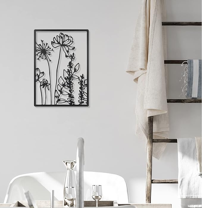 Therwen 3 Pcs Black Metal Wall Art Minimalist Wall Decor for Bedroom Flowers Decor Hanging Flower Bathroom Art Flower Line Sculpture Kitchen Decoration 16.5 x 9.8 Inch(Cute Style)
